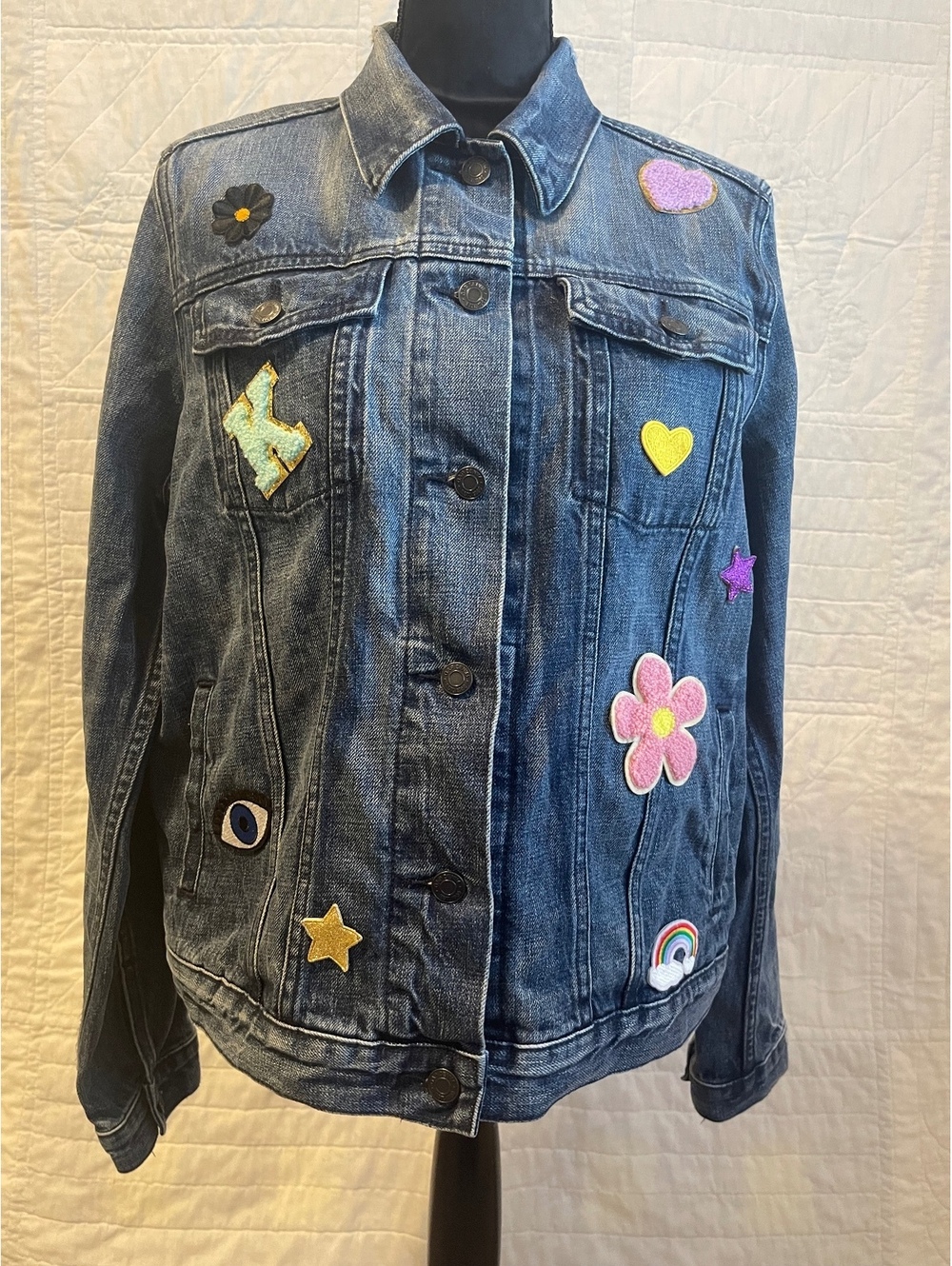 Blue Denim Jacket with Colorful Embroidered Patches